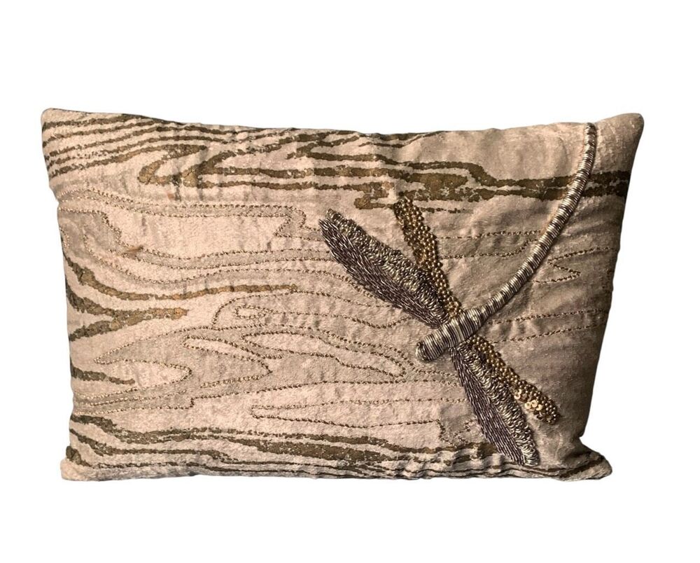 MICHAEL ARAM gray BEADED artsy DRAGON FLY 8” x 10” DECORATIVE PILLOW